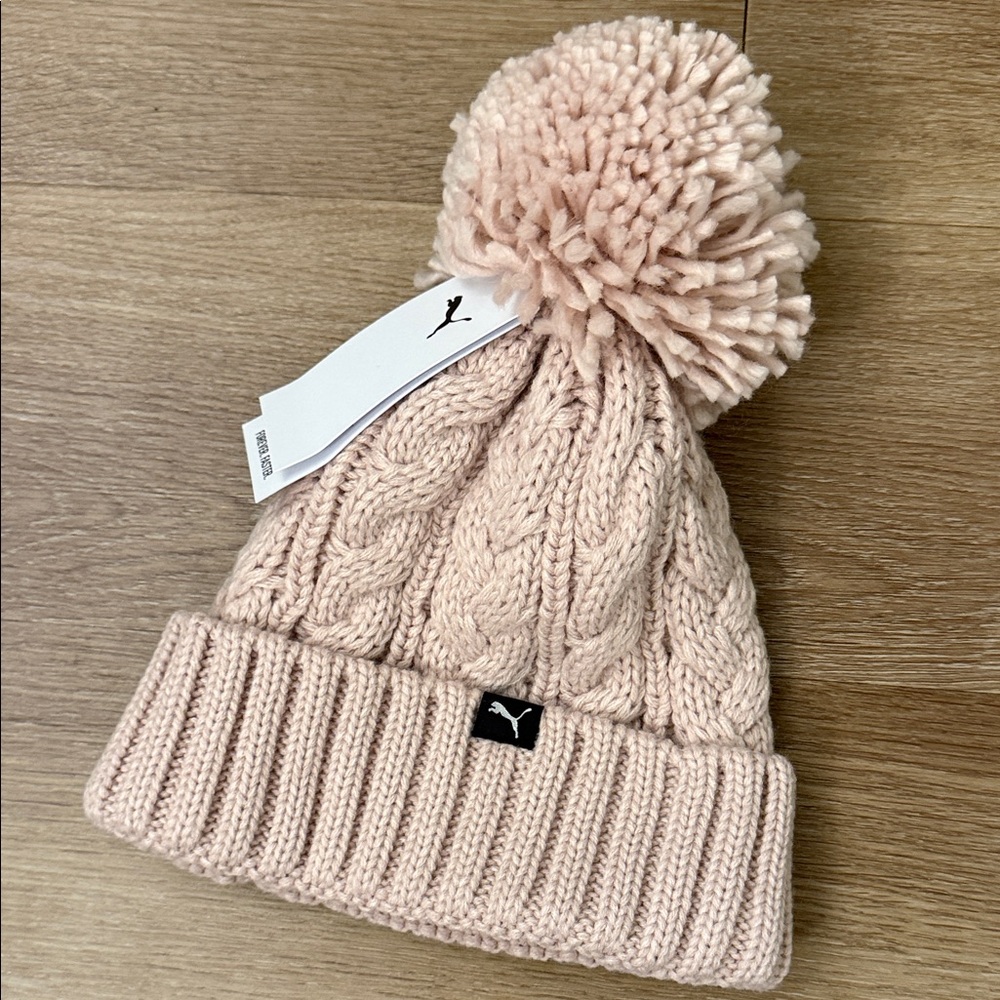 Puma Cable Knit Pom Beanie — Light Pink